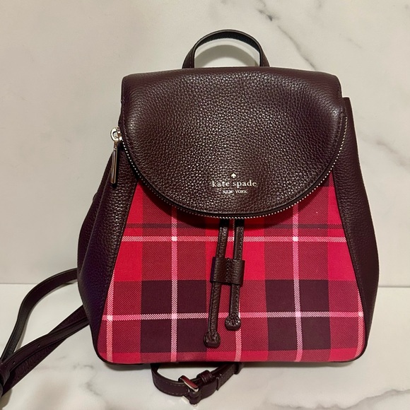 Kate Spade Leila Red Plaid Medium Flap Backpack Leather - Picture 3 of 6